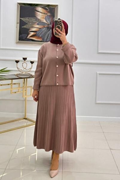 Valens Butik Corded Fabric Skirt and Buttoned Knitwear Cardigan Double Bengü Hijab Set