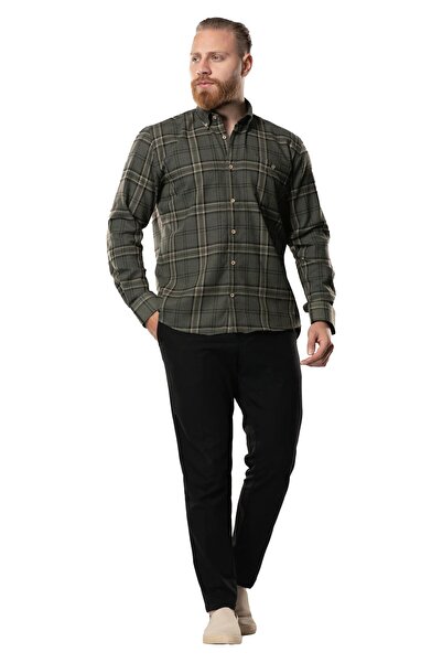 Eliş Şile Bezi Uzun Kol Oduncu Erkek Pazen Sonbahar ve Kışlık Gömlek Haki Ekose 4044