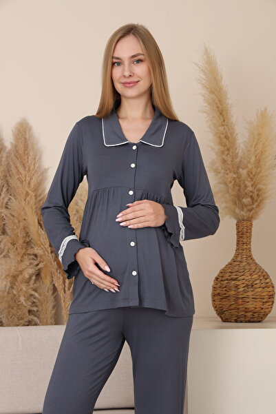 Miss Dünya Lissa Melina Lace Detailed Front Buttoned Shirt Collar Long Sleeve Maternity and Postpartum Pajama Set