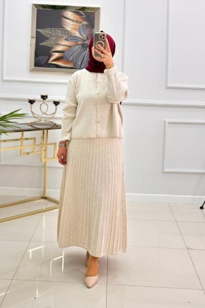 Valens Butik Corded Fabric Skirt and Buttoned Knitwear Cardigan Double Bengü Hijab Set