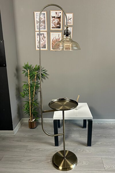 Bamyum Vishi Bal Rengi Cam Tepsili Hareketli Başlık Lambader Eskitme Gövde Dekoratif Metal Zemin Lambası