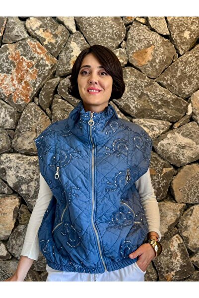 Punta Otantik Nc61582 Sequined Turtleneck Italian Quilted Vest Blue