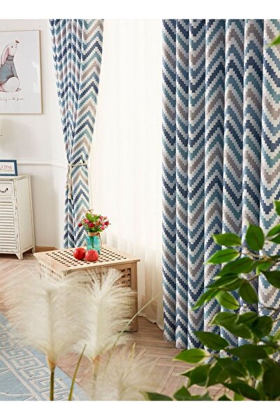 Arabest 1-Piece Corrugated Printed Craft Blackout Curtain Grey/Blue 140 x 240centimeter