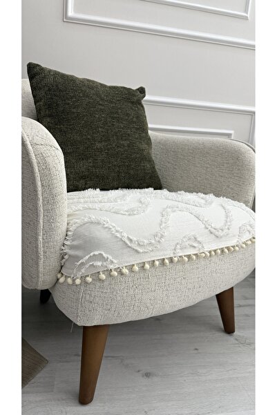 DİLETTO Ecru Wavy Patterned Pom-Pom Bohemian Armchair Cover 70X95