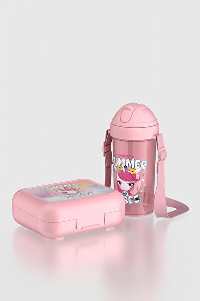Renga Cosmo Patterned Pp Children's Lunch Box and Water Bottle Set 192017 Pink