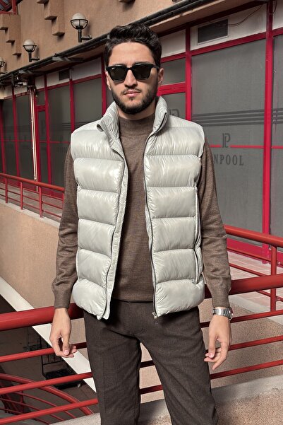 inpool Erkek, dik yaka, metal fermuarlı, cep detaylı, parlak kumaş, Yelek 2486