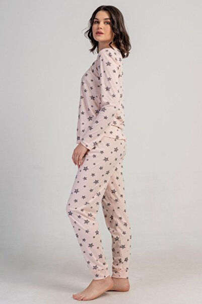 VİENETTA Women's Pink Long Sleeve Crew Neck Star Pattern Pajama Set C9T5N3305