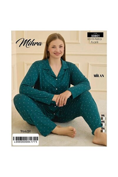 Mihra 480-09-25 طقم بيجامة نسائي من قماش ميلان بياقة على شكل حرف V وأكمام طوي...