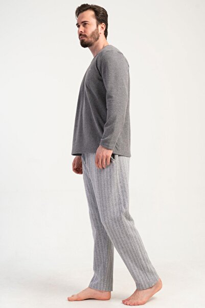 VİENETTA Men's Smoked Color Long Sleeve Crew Neck Jacquard Pajama Set C1T0N0105