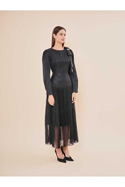 SERPİL Tül Etek Detaylı Uzun Kollu Aksesuarlı Midi Elbise 50577