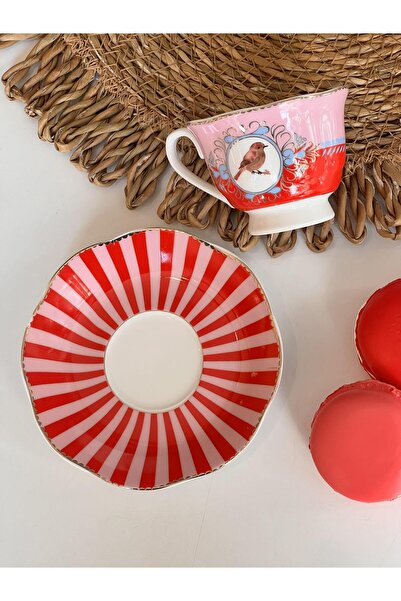 ROSSEV Turkish Coffee Cup Bird Red Pink 2 Person Set 4 Pieces