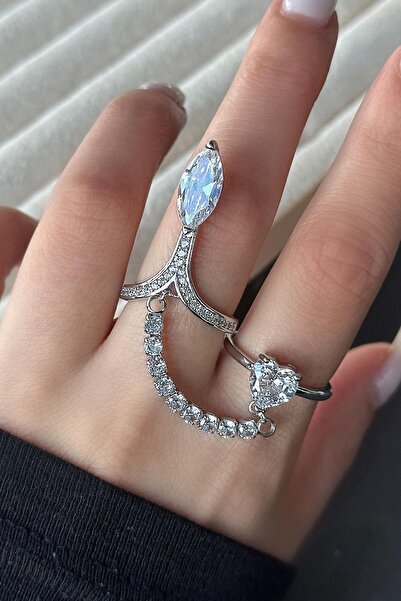 TAKIŞTIR خاتم فضي اللون مزين بحجر قابل للتعديل مصنوع من الفولاذ المزدوج