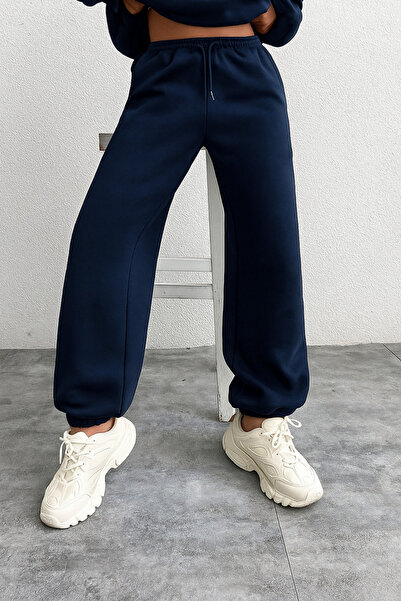 NAKRUF Pantaloni de sport Jogger din talie înaltă piese, albastru bleumarin, cu interior din bumbac