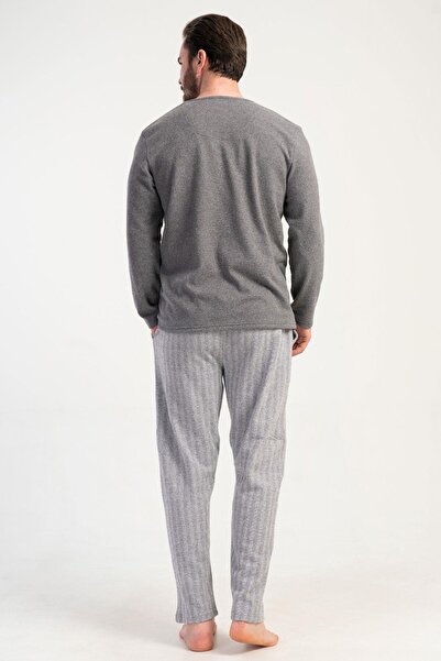 VİENETTA Men's Smoked Color Long Sleeve Crew Neck Jacquard Pajama Set C1T0N0105