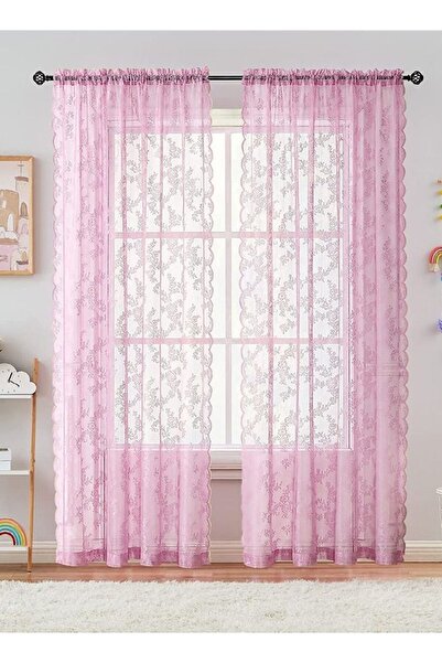 COOYA 2-Piece Rod Pocket Rose Florals Lace Sheer Window Curtains for Bedroom/Living Room/Kitchen Pink