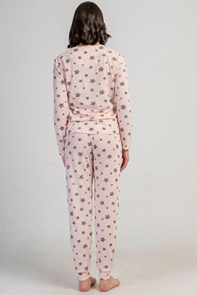 VİENETTA Women's Pink Long Sleeve Crew Neck Star Pattern Pajama Set C9T5N3305