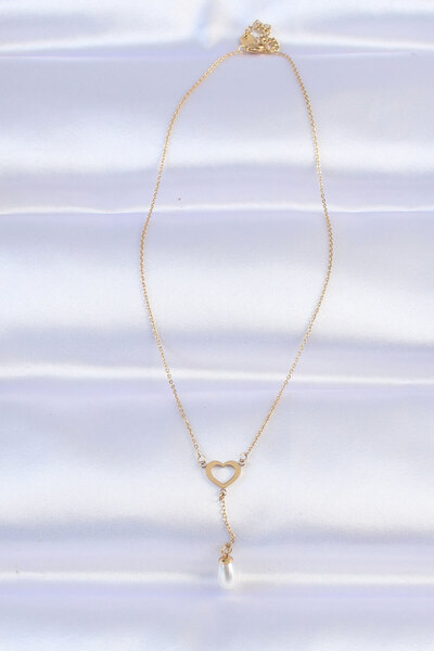 Skygo 316L Steel Chain Gold Color Pearl Stone Detail Heart Necklace - Tj-Bko8731