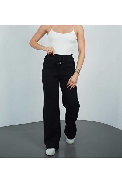 BERYY MODA بنطلون رياضي فضفاض أسود اللون للنساء لشتاء مبطن بالصوف