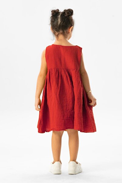 Eliş Şile Bezi Sleeveless Bilge Yazlık Muslin Children's Dress Red Krmz