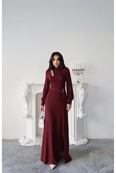 Serica Moda Long Knit Dress with Burgundy Belt Detail