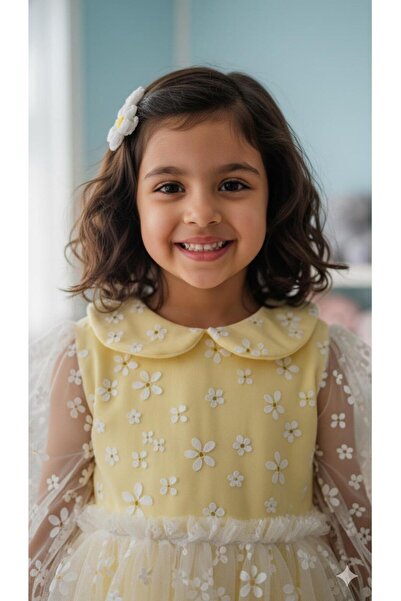 BİLGEN Style KIZ ÇOCUK PAPATYA DESENLİ ELBİSE ÖZEL GÜN PARTY DÜĞÜN KOMPSETTİ BEBE YAKA UZUN KOL DETAYLI ASTARLI