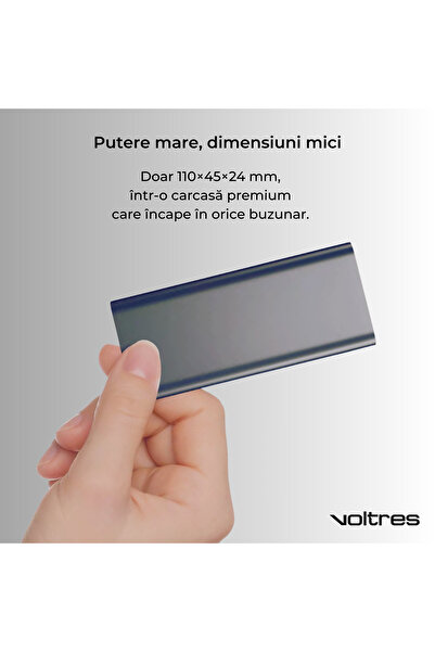 Voltres External Battery 10000mAh, 45W Charging Power, 1x USB-C & 1x USB-A, Trickle Mode, Compact, Black