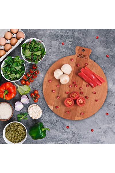 İROKO'L Iroko L Natural Beech Wood Round Cutting Board 25X28.5 cm – with Hand...