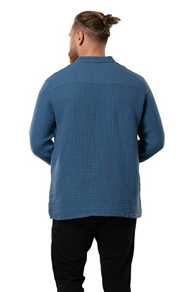 Eliş Şile Bezi Φούτερ με μακρύ μανίκι για άντρες με διπλό γιακά μουσελίνας για το φθινόπωρο και το χειμώνα Indigo indg