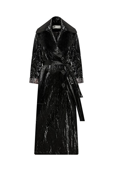 MissWhence Parlak Siyah Kadın Pardösü 23234519