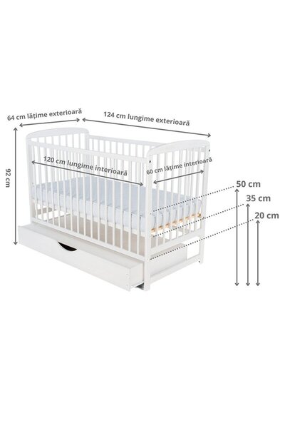 Babyneeds Patut din lemn bebe, 120x60 cm, Cu sertar cu capac, Din lemn de pin si mdf, Stabil si rezistent