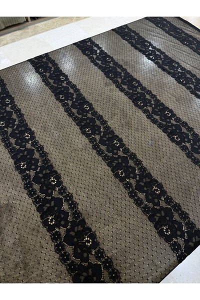 METERİAL Black Striped Floral Pattern Tulle Lace Fabric – 140 cm Width |   Elbiselik – a Piped K Fabric