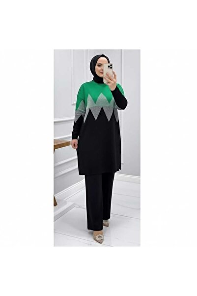 KAYA BUTİK Zigzag Patterned Glitter Knitwear Tunic Set with Trousers