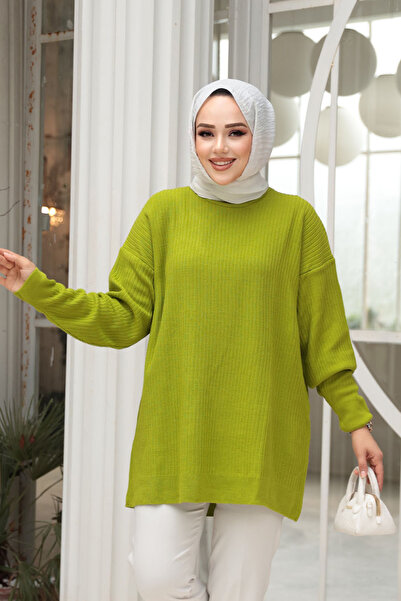 N.S NEVA STYLE Corded Fabric Oil Green Hijab Knitwear Sweater Tunic 29141Yy