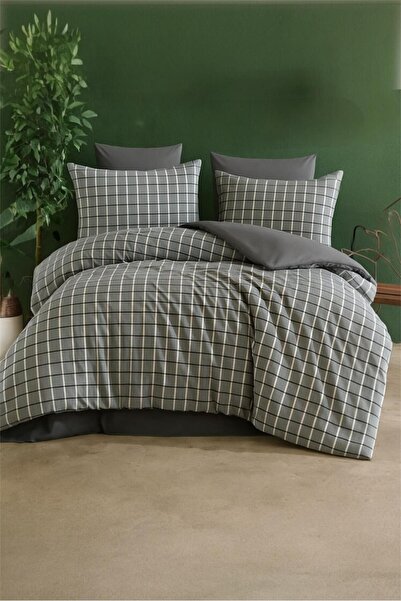 Bayev Khaki Gray Checkered Double Duvet Cover Set