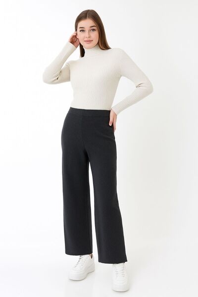Devinka Kadın Antrasit Gri Beli Lastikli Bol Paça Triko Pantolon