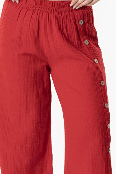 Eliş Şile Bezi İzel Y Slit Summer Muslin Trousers Red