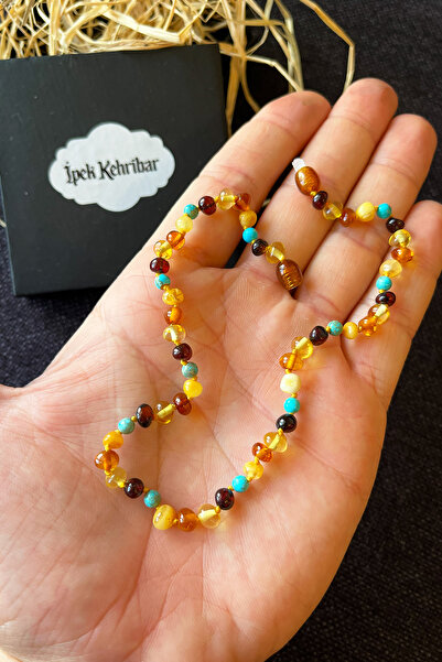 İpek Kehribar Turquoise Detailed Lithuanian Certified Genuine Baltic Amber Necklace – Baby & Children's Necklace Silk-342
