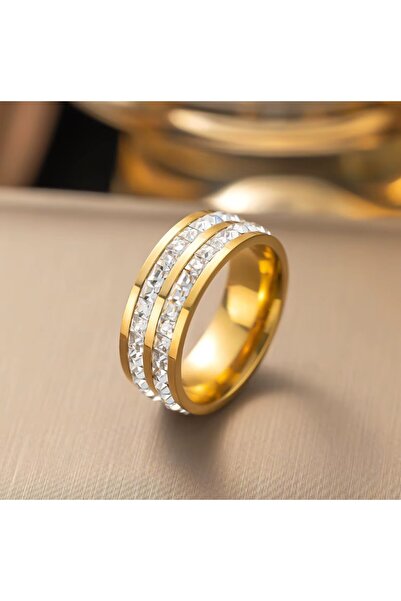 REDz Accessories Inel Duo cu Diamante, Cristale de Zirconiu, Femei, Oțel Inoxidabil, Aur - Mărime 6 (57mm)