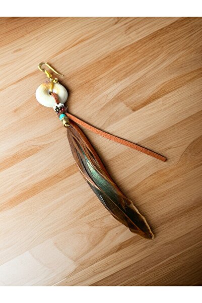 dela otantik Single Feather Bohemian Long Earrings – Handmade Authentic Jewelry with Ceramic Beads and Feather Detail - Feather Earrings