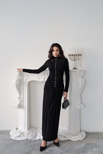 Serica Moda Black Button Detailed Shirred Long Sleeve Dress