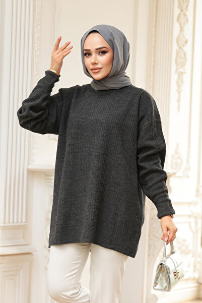 N.S NEVA STYLE Corded Fabric Anthracite Modest Knitwear Sweater Tunic 29141Ant