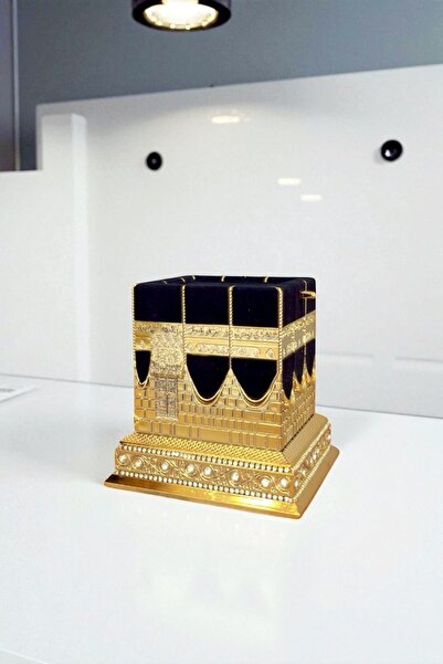 Güncel Vitrin Zirkon Taşlı Altın Kabe-i Muazzama Dekoratif Biblo 12*12 Cm