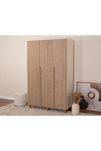 DONACO İtra 3 Kapaklı Gardırop – Krem Gövde, Meşe MDFLAM Kapak