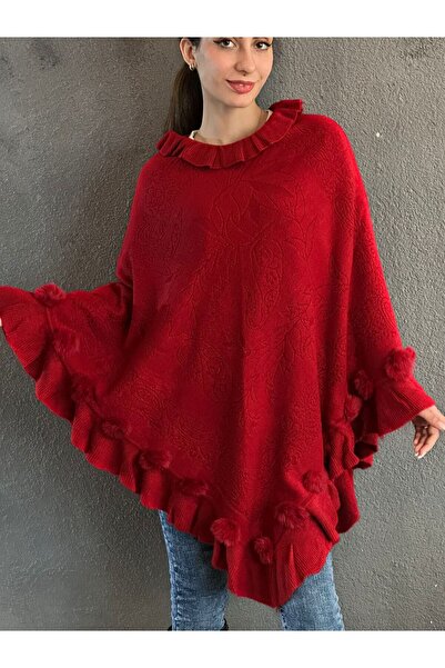 Gönülden Tasarım Pompon Knitted Patterned Poncho Shawl