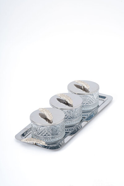 Homekolik 3-Piece Glass Presentation Set with Silver Lid – Leaf Metal Tray |   Breakfast, Snack, Jam Serving Dish