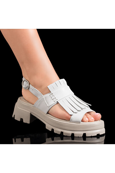 Modlet.ro Women's white thick-soled sandals with fringes made of leather MOD0...