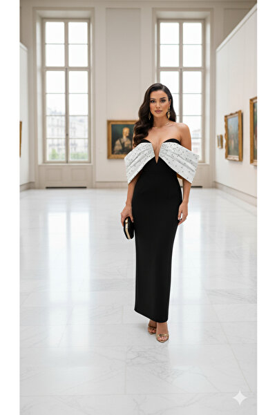 Robes Midi Boy Abiye Elbise / Düşük Omuz Pelerin Yaka Taş İşlemeli / Davet Nikah Kokteyl Elbisesi