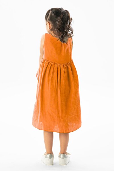 Eliş Şile Bezi Sleeveless Wise Summer Muslin Children's Dress Orange Trnc