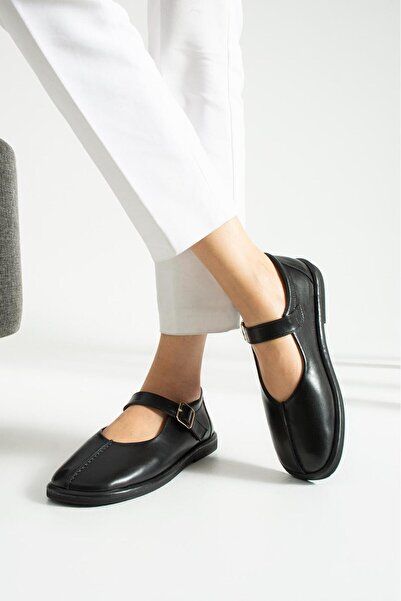 ESSO LA MİA Cassiel Hakiki Deri Ayarlanabilir Toka Detaylı Kadın LoFER SİYAH DERİ