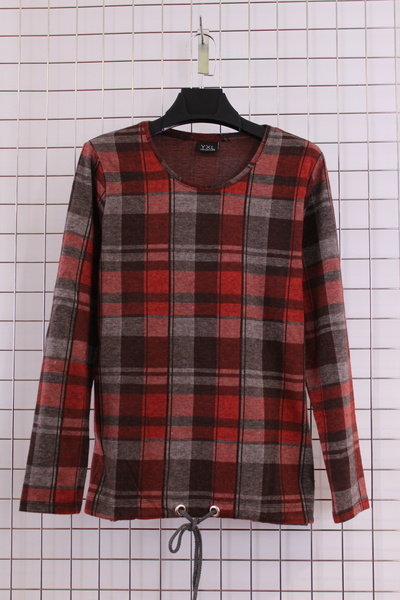 YXL COLLECTION Women's Plus Size Stretch Fabric Crew Neck Checked Skirt Gatherable Soft Sweater Mother Blouse